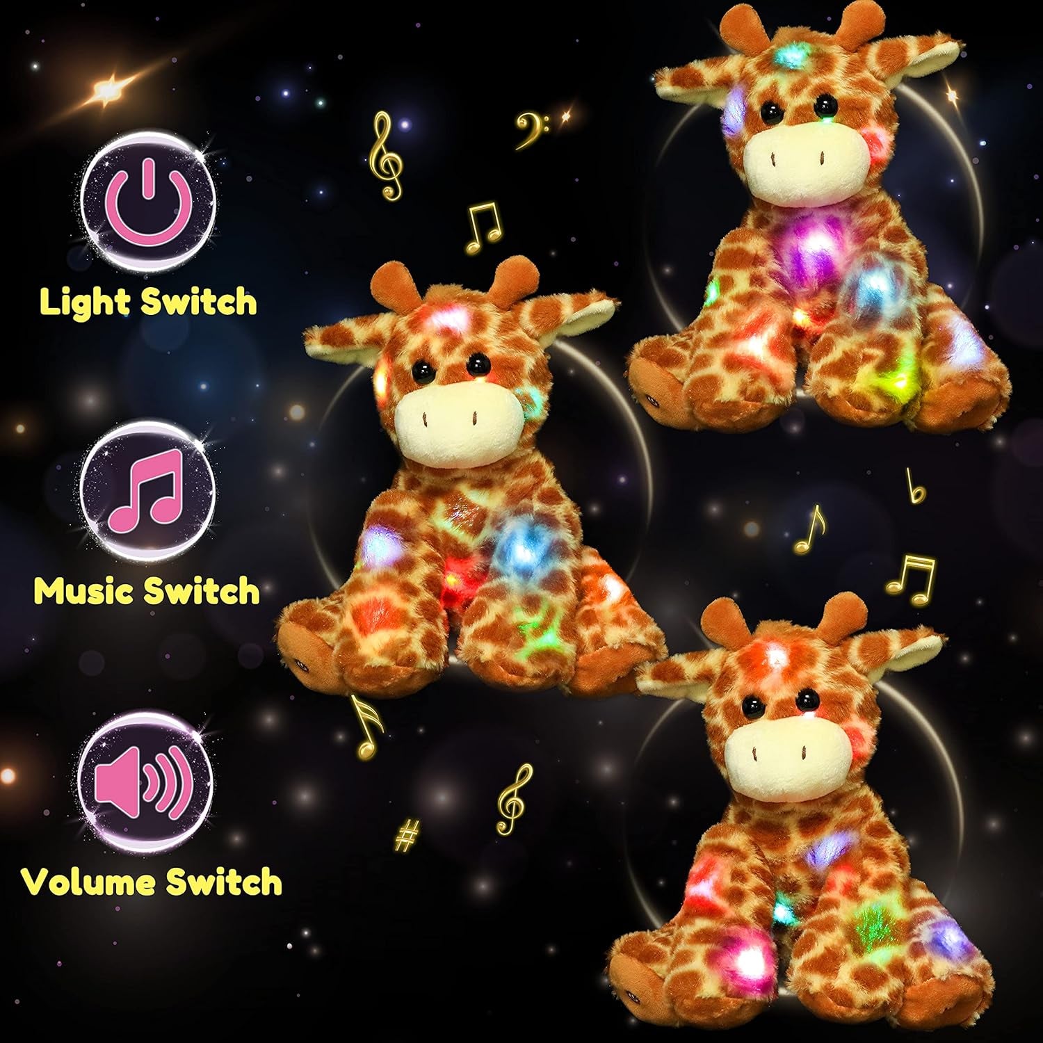 LED Musical Stuffed Giraffe Lighting up Singing Plush Toy Adjustable Volume Lullaby Animated Soothe Birthday Festival for Kids Toddlers Boys Girls, Orange, 11''