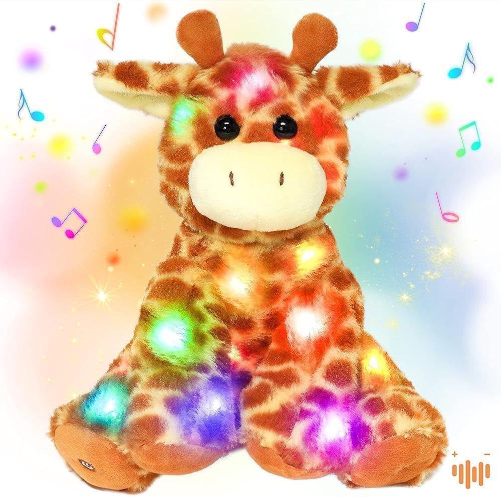 LED Musical Stuffed Giraffe Lighting up Singing Plush Toy Adjustable Volume Lullaby Animated Soothe Birthday Festival for Kids Toddlers Boys Girls, Orange, 11''