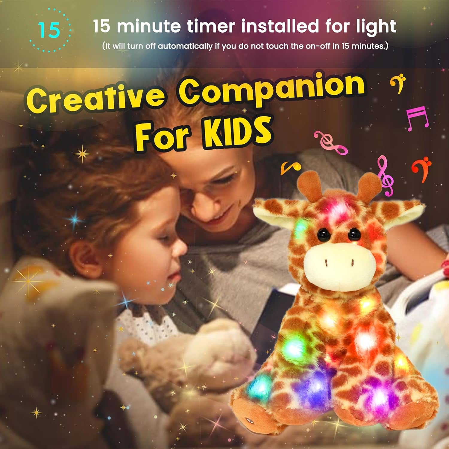 LED Musical Stuffed Giraffe Lighting up Singing Plush Toy Adjustable Volume Lullaby Animated Soothe Birthday Festival for Kids Toddlers Boys Girls, Orange, 11''