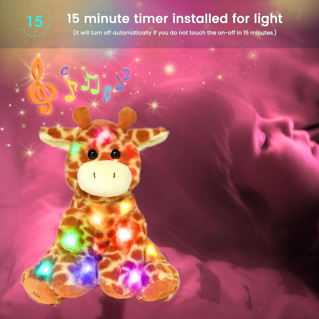 LED Musical Stuffed Giraffe Lighting up Singing Plush Toy Adjustable Volume Lullaby Animated Soothe Birthday Festival for Kids Toddlers Boys Girls, Orange, 11''